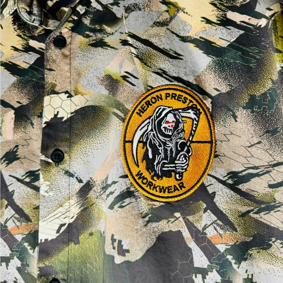 Heron Preston Camo Button Up Shirt Logo Patch Allover Print Short Sleeve Summer - Picture 7 of 12